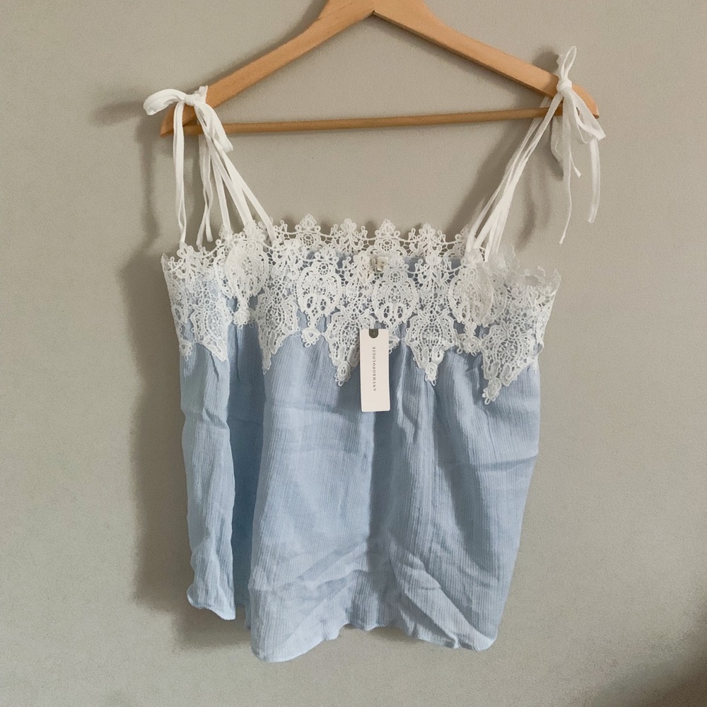 Anthropologie XS NWT embroidered flounce tank with tie straps in sky blue